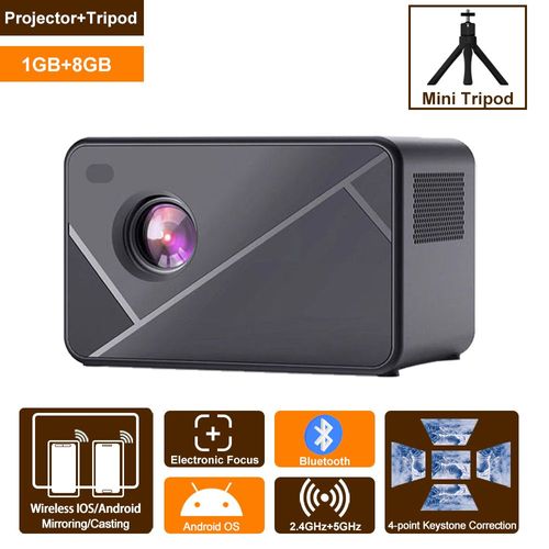 Stand de 1 Go-8 Go - Projecteur Android 1080P, Bluetooth, WIFI, pour vidéo de film, avec miroir, prise en compte de la distorsion trapézoïdale, pour Smart TV, LED