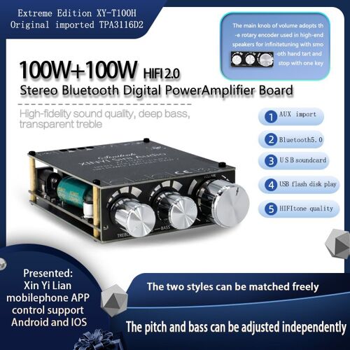 T100H TPA3116 100W - Panneau d'amplificateur stéréo, puissance Audio, Bluetooth 5.0 HIFI 2.0 canaux TREBLE Bass Note Tuning AMP