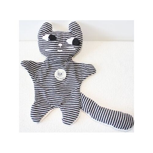 Doudou Chat Reversible Blanc Raye Gris Noir Peluche Double Face Poche Tetine
