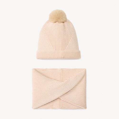 Set Bonnet + Snood Tricot Côte Assortie Doublé Sherpa Pour Fille - Beige