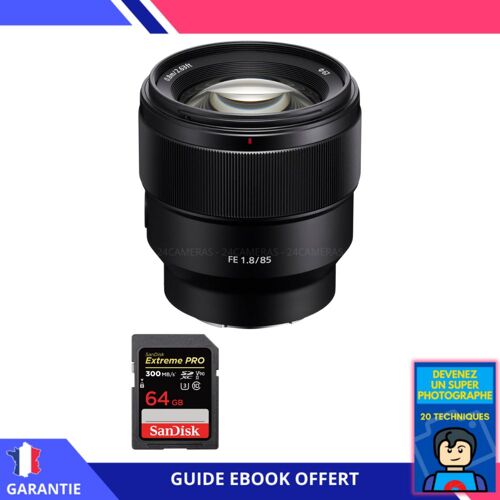 Sony FE 85mm f/1.8 + 1 SanDisk 64GB Extreme PRO UHS-II SDXC 300 MB/s + Ebook 'Devenez Un Super Photographe' - Objectif Sony FE pour Sony Hybride