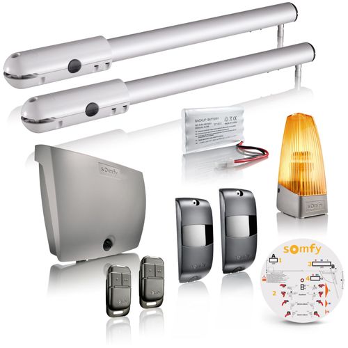 Motorisation de portail battant à vérin SGS Essential RTS - Livrée avec 2 télécommandes Keypop, feu orange, photocellules et batterie de secours - Compatible app TaHoma