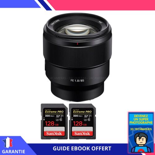 Sony FE 85mm f/1.8 + 2 SanDisk 128GB Extreme PRO UHS-II SDXC 300 MB/s + Ebook 'Devenez Un Super Photographe' - Objectif Sony FE pour Sony Hybride