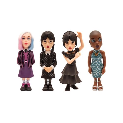 Minix - Tv Series - Mercredi - Pack De 4 - Mercredi, Mercredi En Robe, Enid, Bianca - Figurine 12cm