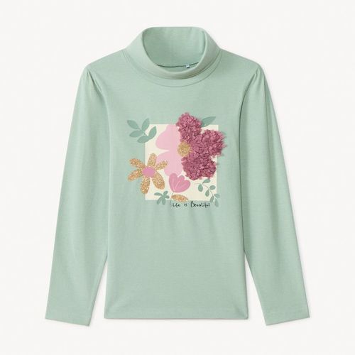 Sous-Pull À Col Roulé Et Fleur Effet Pétales 3d Pour Fille - Sauge