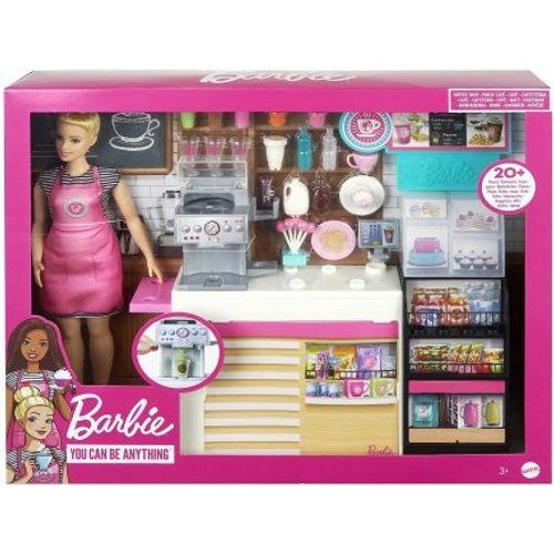 Coffret Barbie La Cafétéria + 20 accessoires + 1 poupée - Poupée Mannequin - Métier Restaurant - Set Vendeuse de Café + 1 Carte