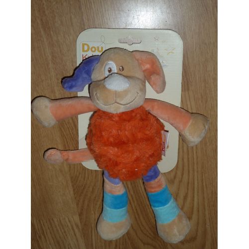 Doudou Peluche Chien Hund Dog Dou Kidou Doukidou Douki Dou Orange Bleu Lapin Oeil Cocard 27 Cm +/-