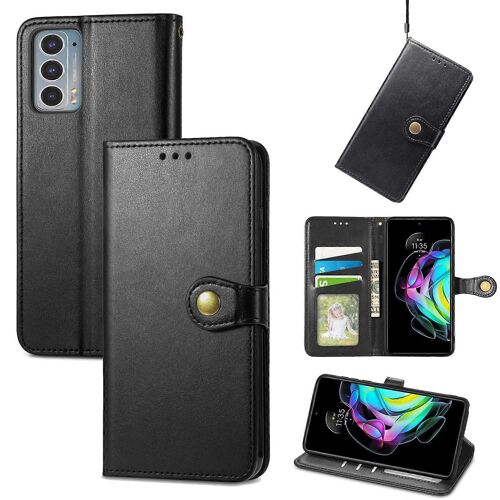 Pour Motorola Edge 20 étui de téléphone à boucle en cuir de couleur unie avec cordon et cadre photo et fente pour carte et portefeuille et fonction de support