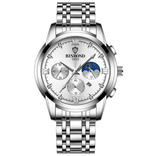 Binbond B3591 30m Calendrier Lumineux Étanche Montre Homme, Couleur : Blanc Acier-Blanc