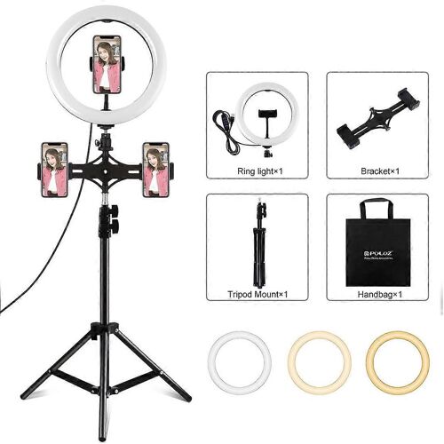 Support horizontal de support de téléphone double PULUZ + support de trépied de 1,1 m + 10,2 pouces 26 cm anneau LED Vlogging vidéo Kits de diffusion en direct (noir)