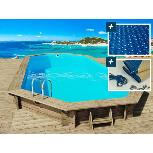 Piscine bois " Palma " - 7.57 x 4.07 x 1.31 m + Bâche à bulles 180 µ + Bâche hiver 280 gr/m²