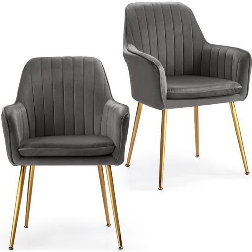 Costway 2 Chaises Salle À Manger En Velours Rétro Gris, Scandinaves Avec Accoudoir, Assise Rembourrée, Pieds En Métal Or