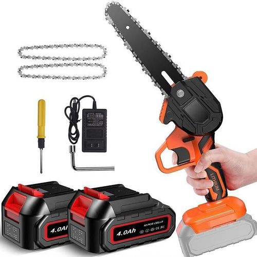Magicfox Tronçonneuse électrique Sans fil Rechargeable 4.0Ah, avec 2 Chaînes 6 pouces et 2 Batteries pour couper Branches et Bois