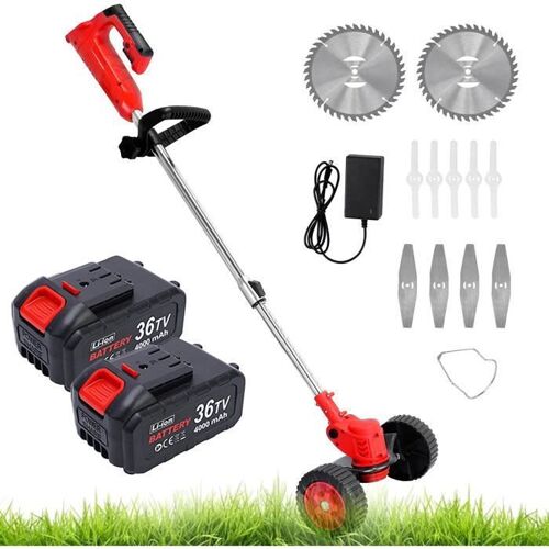 Débroussailleuse sans Fil avec 2 Batteries 4.0A , 3 en 1 Coupe-Bordure 90° Régler avec Roue de Guidage pour Coupe de Jardin, Pelouse