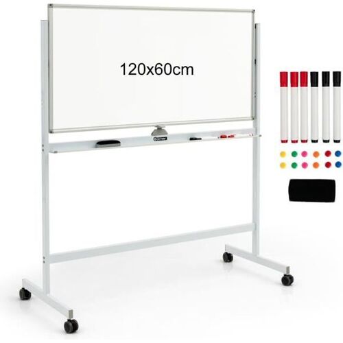 Costway Tableau Blanc Magnétique 120x60cm Double Face Réversible 360° Mobile 2 Hauteur Effaçable À Sec 12 Aimants 6 Marqueurs Blanc