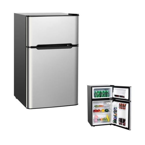 COSTWAY Mini Frigo 90 L 65W Réfrigérateur Séparé à 2 Portes Lumière LED Grand Angle 7 Réglages de Température 0-10 Argent