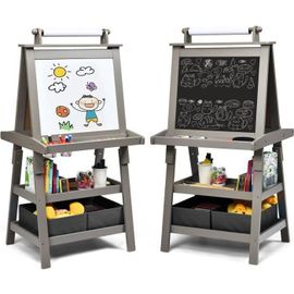 Costway Tableau Enfant - Blanc Magnétique Et Noir, Rouleau De Papier (Papier Inclus), 3 Etagères Et 2 Bac De Rangement Gris