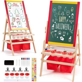 Costway 3en1 Chevalet Pour Enfants Avec Rouleau De Papier Fait En Bois De Pin Tableau Magnétique Blanc Et Noir Accessoires Complets