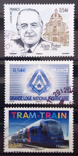 Tram-Train 0,54 (N° 3985) + Grande Loge Nationale Française 0,54 (N° 3993) + Alain Poher 0,54 (N° 3994) Obl - France Année 2006 - N24951