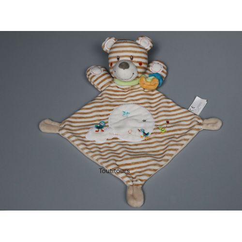 Doudou ours plat blanc rayé marron Nicotoy