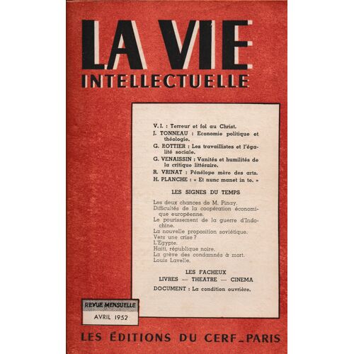 La Vie Intellectuelle, Avril 1952