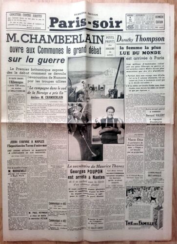 39-45 : Vieux Journal "Paris Soir" Du 8 Mai 1940 (Ww2, Effel, Chamberlain, Dorothy Thompson, Saadabad, William Phillips...)