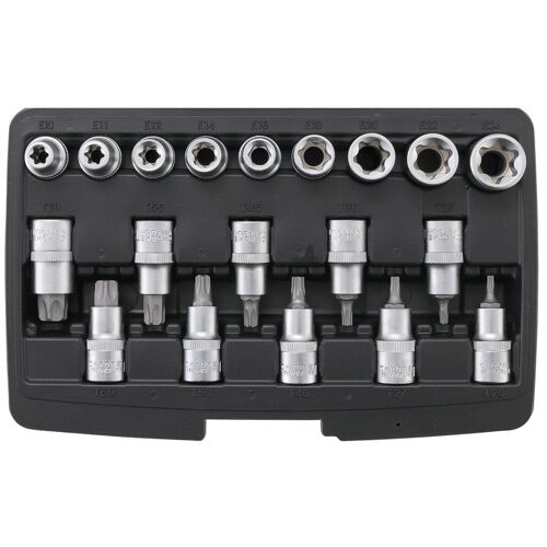 COFFRET 19 EMBOUTS ET DOUILLES TORX MALE T20 A T70 FEMELLE E10 A E24