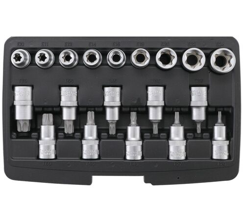 COFFRET 19 EMBOUTS ET DOUILLES TORX MALE T20 A T70 FEMELLE E10 A E24