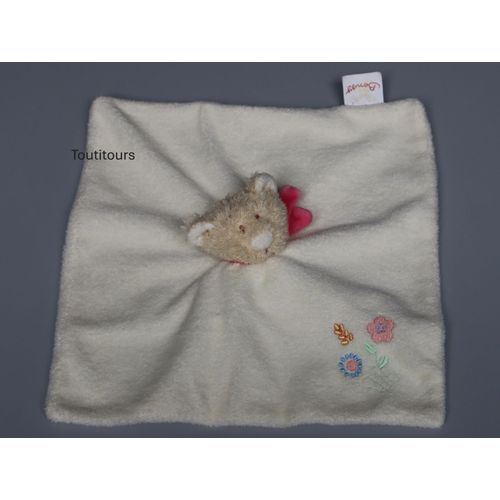Doudou ours plat beige blanc rose Bengy