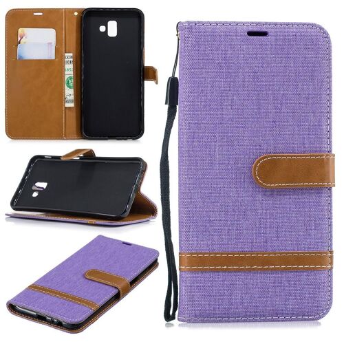 Samsung Galaxy J6 Plus Coque, SATURCASE Premium Jeans Style Denim et PU Cuir Magnétique Flip Portefeuille Support Porte-carte Protecteur Case Cover Coque Housse Étui avec Dragonne pour Samsung Galaxy J6 Plus 2018 (Violet)