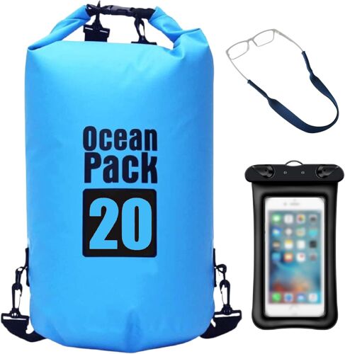 Ensemble 3 Pièces Sac Étanche 20 Litres Résistant À L'eau Fermeture De Sécurité Sangles Réglables Avec Étui Mobile Bande Pour Lunettes Sports Aquatiques Bateau Mer Natation (Bleu - 20l)