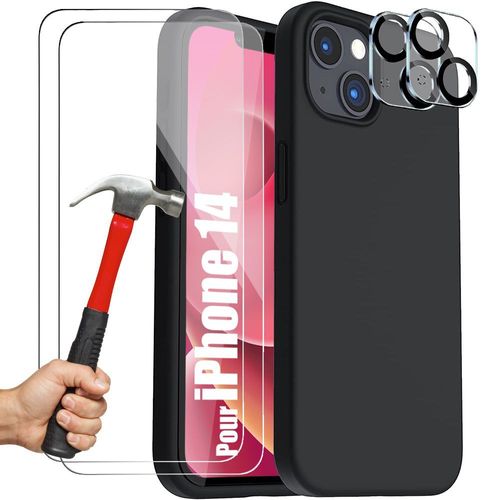Coque pour iPhone 14 (6,1'') Silicone Noir + 3 Verres Trempes et 2 Vitres Objectif Arriere - E.F.Connection