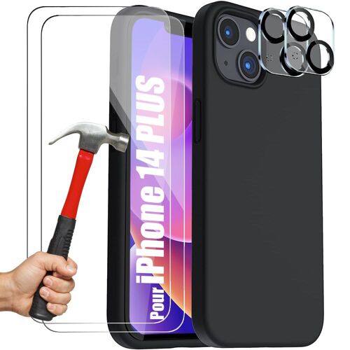 Coque pour iPhone 14 Plus (6,7'') TPU Noir + 3 Verres Trempes et 2 Vitres Objectif Derriere - E.F.Connection