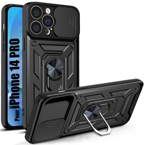 Coque pour iPhone 14 Pro Rigide Antichoc avec Anneau Support et Protection Objectif - Noir