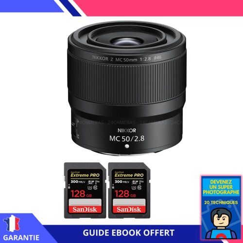Nikon Z MC 50mm f/2.8 Macro + 2 SanDisk 128GB UHS-II 300 MB/s + Ebook 'Devenez Un Super Photographe' - Objectif Nikon Z pour Nikon Hybride