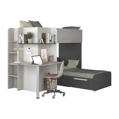 Lits superposés 2 x 90 x 190 cm - Avec bureau - Gris, blanc et noir - SAMUEL