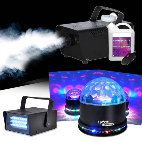 Machine à fumée 400W + Liquide + SUNMAGIC LED RVB + LEDSTROBE