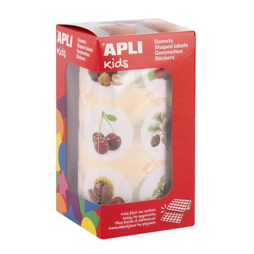 Apli Rouleau De Gommettes Éducatives Rondes De 33 Mm Avec Des Illustrations Sur Les Arbres Et Leurs Fruits.