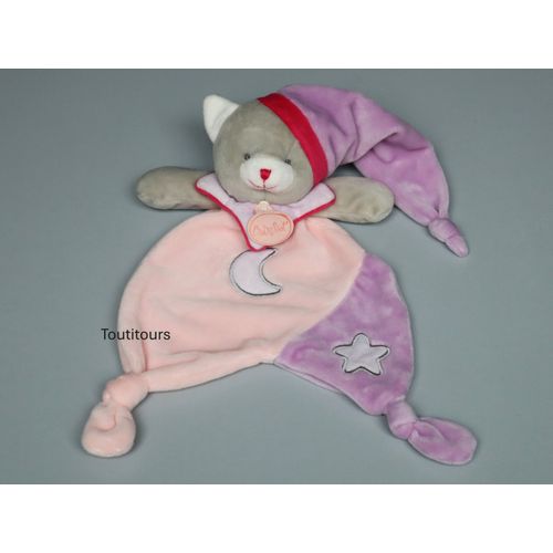 Doudou chat plat rose gris mauve luminescent Baby Nat
