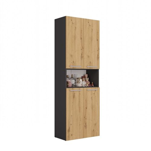 GLAZE - Armoire de salle de bain avec panier à ligne - Style moderne - 174x60x30 cm - Colonne sdb - Gris&Aspect bois