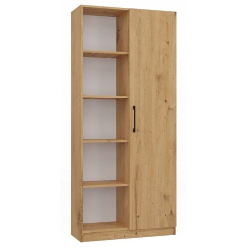 VILLME - Bibliothèque design minimaliste - 1 porte + 10 étagères - 80x30x182 cm - Meuble de rangement - Chêne
