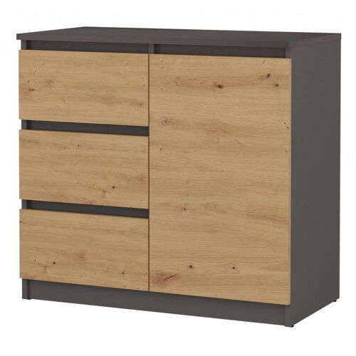 DUNJA - Buffet 1 porte 3 tiroirs - Dimensions 80x40x75 cm - Rangement séjour - Style moderne - Gris&Aspect bois
