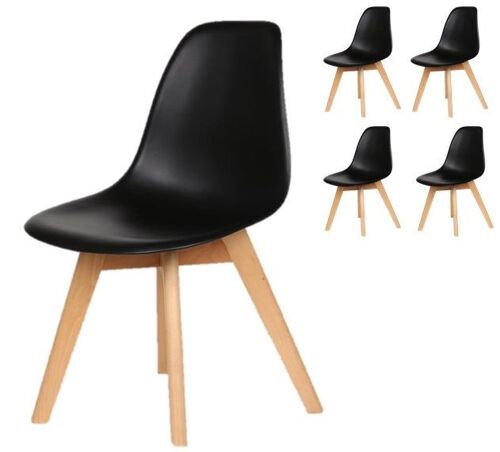 Lot de 4 chaises style scandinave modèle GABBY - Coque en résine noire et pieds en bois naturel