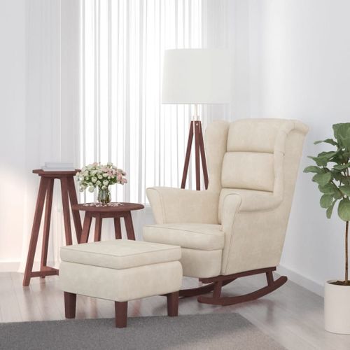 Vidaxl Chaise À Bascule Avec Pieds En Bois Et Tabouret Crème Velours