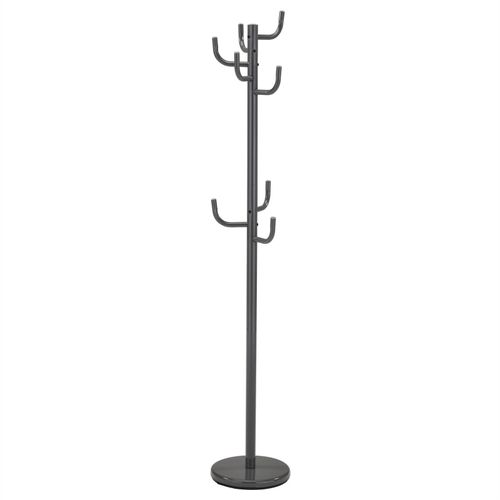 Porte-manteaux MILA portant pour vêtements sur pied hauteur 174 cm socle rond et 8 crochets, meuble d'entrée en métal laqué gris