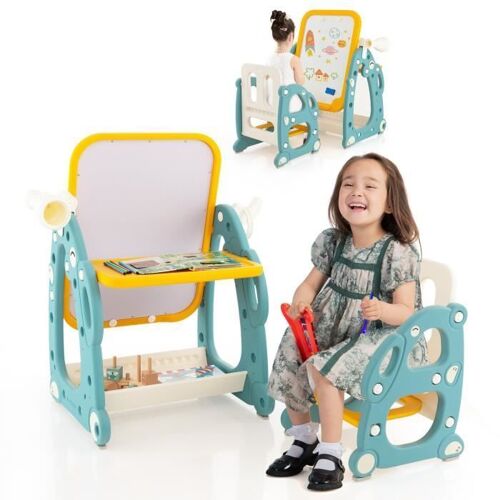 Chevalet d'art magnétique pour enfants - COSTWAY - 4 en 1 avec télescope, table, jeu d'anneaux - Bleu