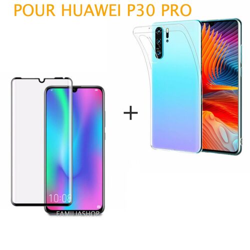 Film De Protection Intégrale Incurvé En Verre Trempé Noir Pour Huawei P30 Pro + Une Coque Silicone Transparente