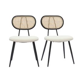Chaises Design En Tissu Effet Laine Bouclée Blanc Cassé, Métal Noir Et Cannage Rotin Naturel (Lot De 2) Tolma