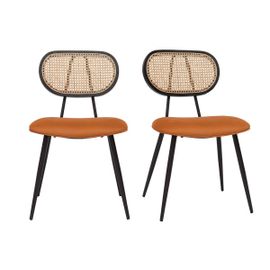 Chaises Design En Tissu Velours Terre Brûlée, Métal Noir Et Cannage Rotin Naturel (Lot De 2) Tolma