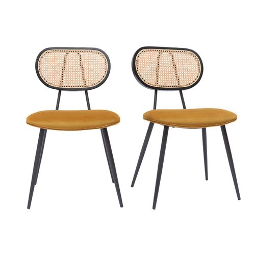 Chaises Design En Tissu Velours Bronze, Métal Noir Et Cannage Rotin Naturel (Lot De 2) Tolma